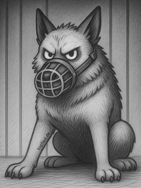 Schwarz-weiße Skizze: Ein angespannter Schäferhund mit Maulkorb sitzt vor Holzwand, wachsam, kontrolliert, innerlich aufgeladen.