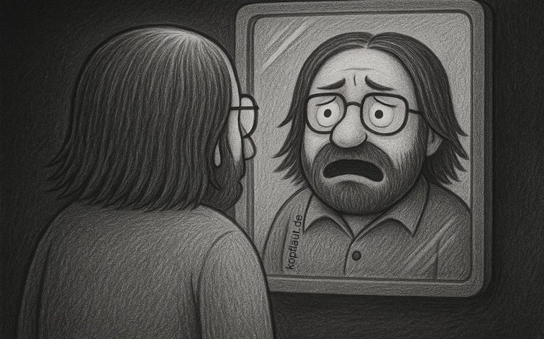 Ein gezeichneter Mann mit langen Haaren und Brille blickt in einen Spiegel. Im Spiegelbild wirkt er erschrocken und verunsichert.