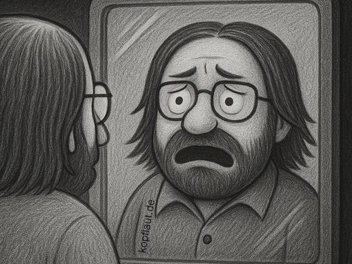 Ein Mann mit Brille sieht in den Spiegel. Sein Spiegelbild wirkt erschrocken und verwirrt.