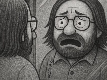 Ein Mann mit Brille schaut in den Spiegel. Sein Spiegelbild wirkt erschrocken, während er selbst ruhig wirkt.
