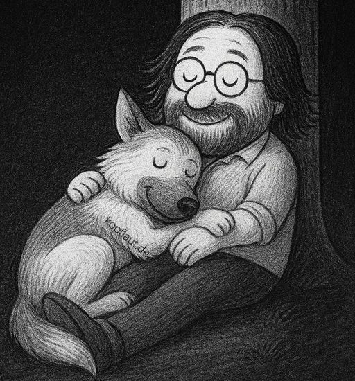 Schwarz-weiße Skizze: Ein Mann sitzt mit einem Hund an einen Baum gelehnt – ruhig, verbunden, vergänglich.“