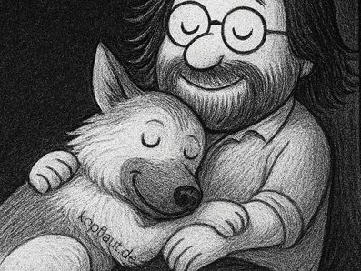 Mann mit Brille umarmt einen Hund. Beide mit geschlossenen Augen – ruhig und geborgen.