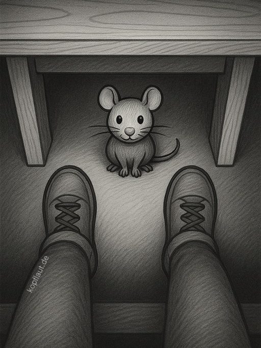 Schwarz-weiße Skizze: Eine Maus sitzt still unter einem Tisch und blickt zu einem Menschen mit sichtbaren Beinen und Schuhen.
