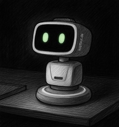 Schwarz-weiße Skizze: Ein kleiner Roboter steht allein auf einem Schreibtisch im Halbdunkel