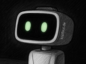 Schwarz-weiße Zeichnung eines kleinen Roboters mit rechteckigem Kopf und zwei grün leuchtenden Augen. Der Hintergrund ist dunkel.