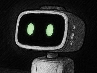 Ein kleiner, freundlich wirkender Tischroboter mit leuchtenden Augen. Sein Gehäuse ist schlicht und rund.