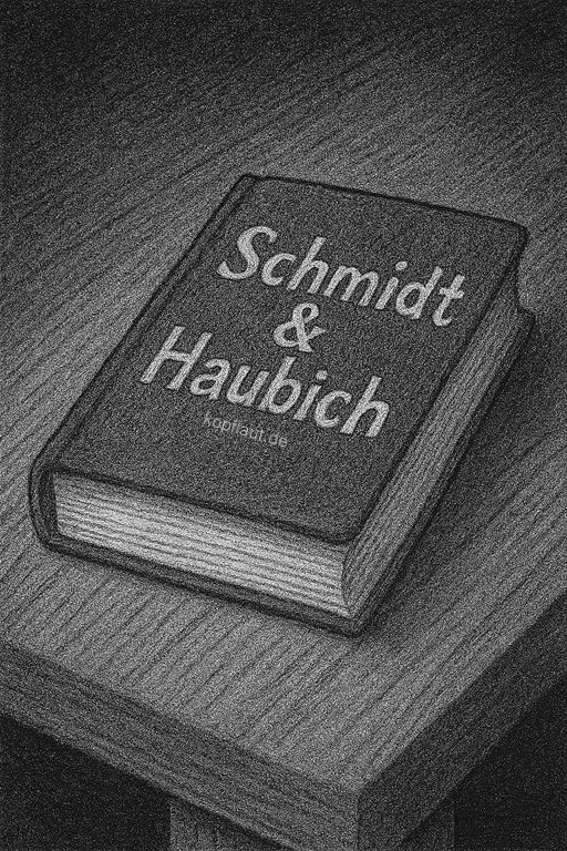 Schwarz-weiße Skizze: Ein dickes Buch mit der Aufschrift „Schmidt & Haubich“ liegt schräg auf einem Holztisch.