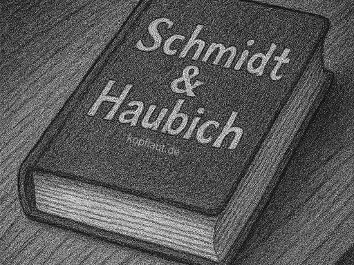 Schwarz-weiße Zeichnung eines Buches mit dem Titel „Schmidt & Haubich“. Es liegt leicht schräg auf einem Holztisch.