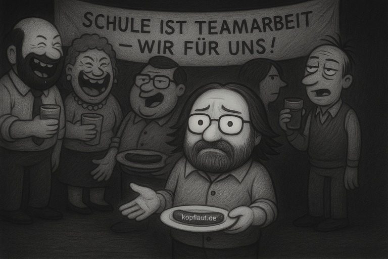 Schwarz-weiße Zeichnung: Ein stiller Lehrer mit Wurstteller steht vor feiernden Kolleg:innen. Hinter ihm ein Banner zur „Teamarbeit“.