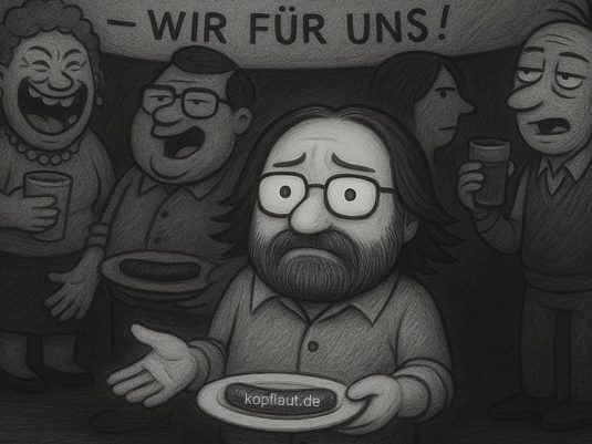 Ein ernster Mann mit Pappteller steht allein unter feiernden Lehrern. Im Hintergrund: „Schule ist Teamarbeit“.