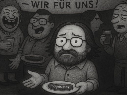 Schwarz-weiße Zeichnung: Grillfest mit lachenden Personen. Vorn ein ernster Mann mit Pappteller. Satirisch überzeichnet.