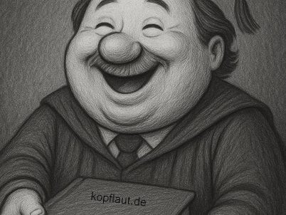 Schwarz-weiße Zeichnung eines Mannes mit Doktorhut. Er lacht breit und hält ein Buch. Karikaturhaft dargestellt.