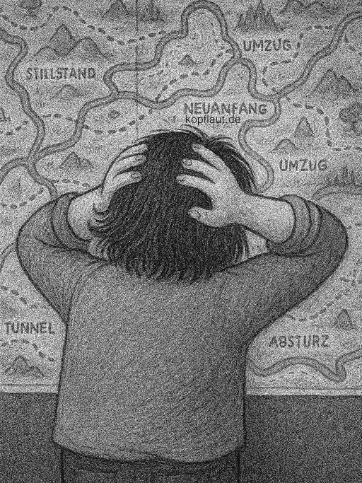 Person mit den Händen am Kopf blickt auf eine chaotische Landkarte mit Begriffen wie „Stillstand“, „Umzug“ und „Absturz“.